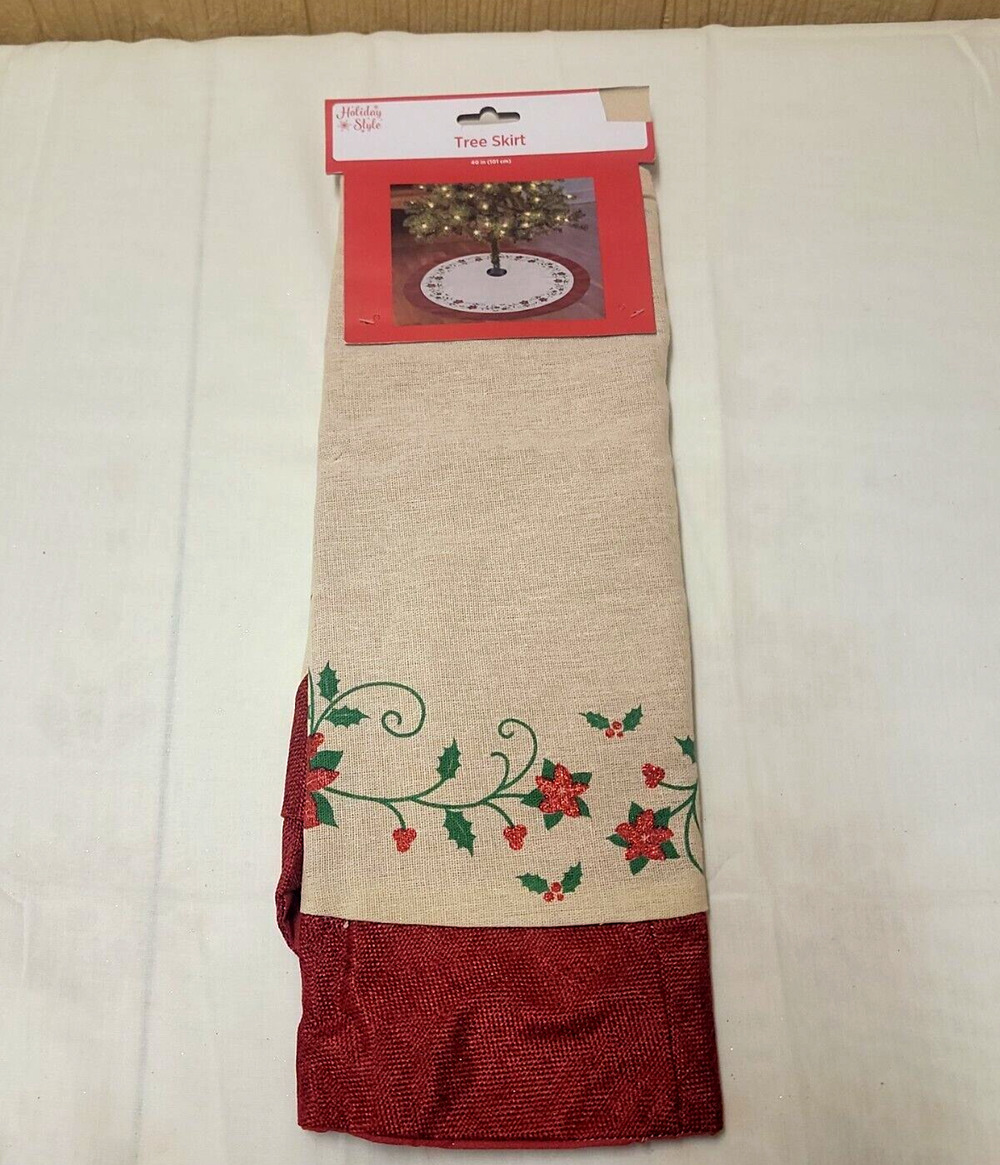 Holiday Style Christmas Tree Skirt Poinsettias 40" Brown Red Trim Burlap Style